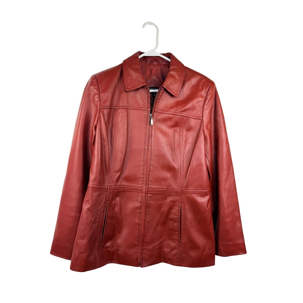 Valerie Stevens Red Genuine Lamb Leather Zip Front Jacket Women Medium